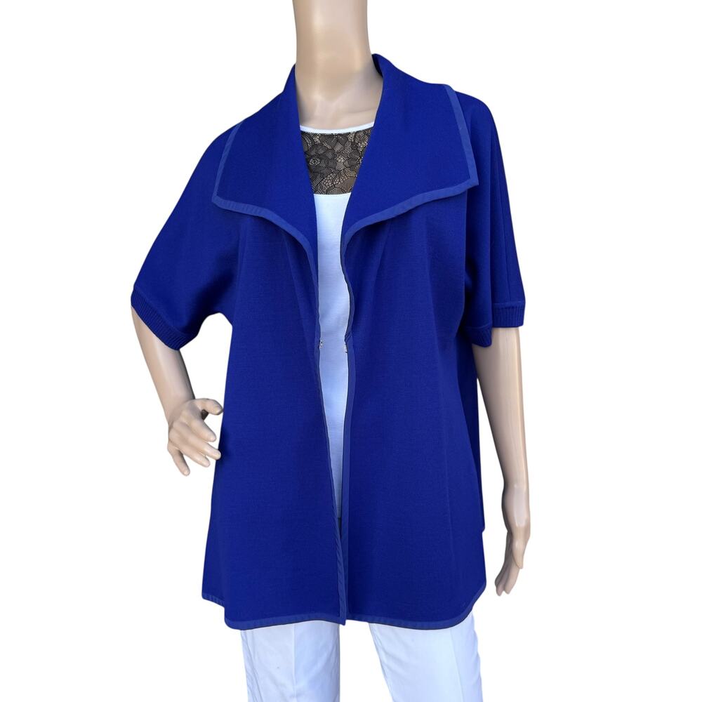 St. John M Blue Knit Short Sleeve Jacket Oversized Collar Wool Blend